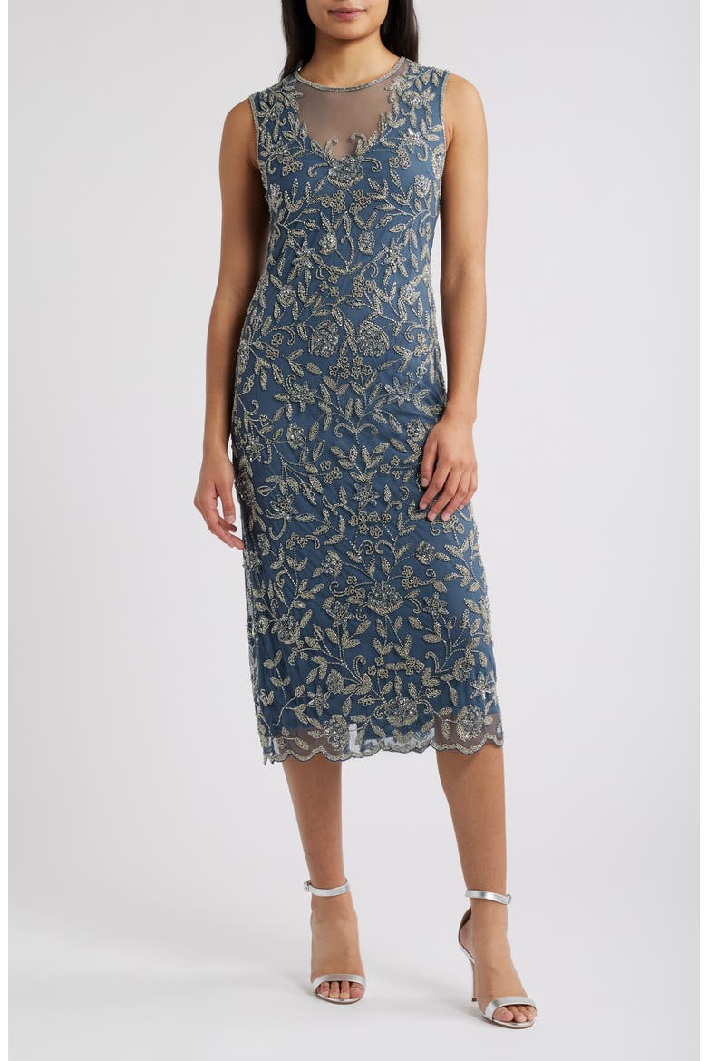 Beaded Floral Cocktail Midi Dress, Main, color, GREY