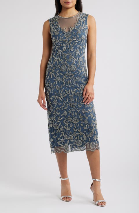 Beaded Floral Cocktail Midi Dress