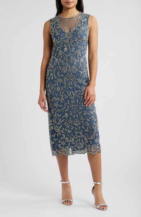 Pisarro Nights Beaded Floral Cocktail Midi Dress
