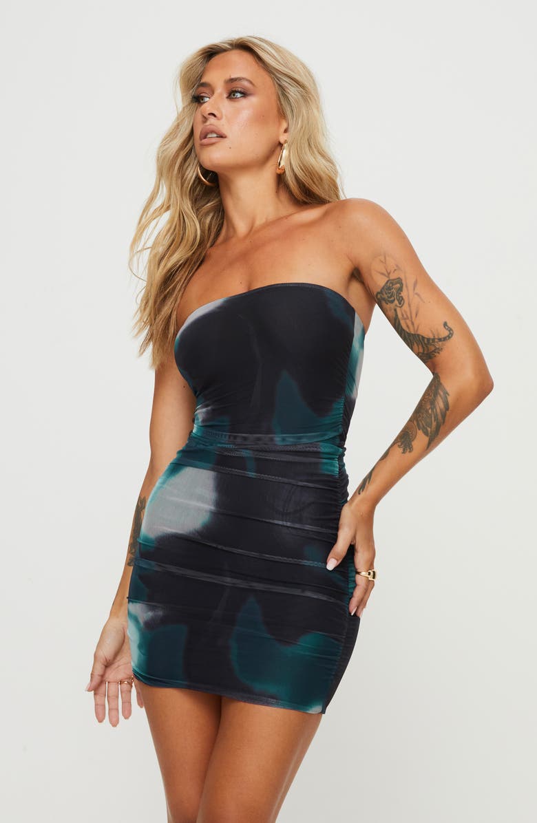 Princess Polly Micah Abstract Print Strapless Mesh Minidress, Alternate, color, Blue