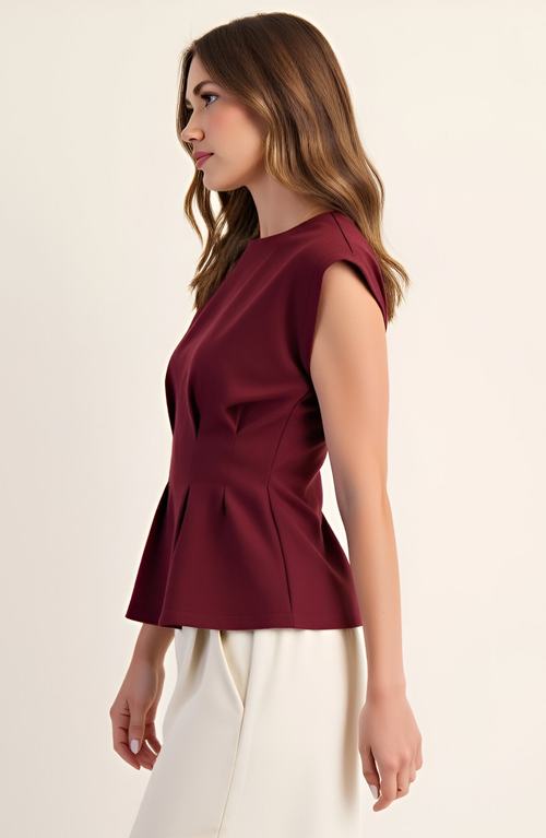 Modenaire Cap Sleeve Peplum Top With Structured Pleats And Round Neck In Burgundy