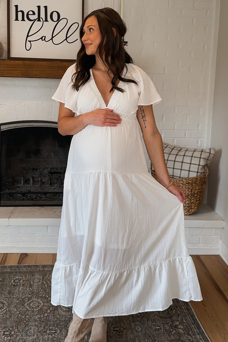 Deep V-Neck Flutter Sleeve Tiered Midi Dress, Alternate, color, Ivory
