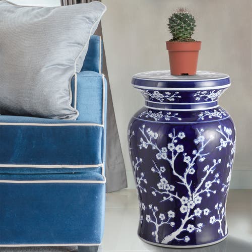 Shop Jonathan Y Cherry Blossom 17.75" Ceramic Garden Stool In Navy/white