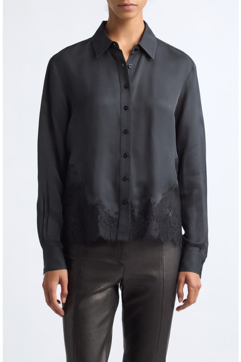 Toni Button Down Shirt with Lace Hem, Main, color, JET/ JET