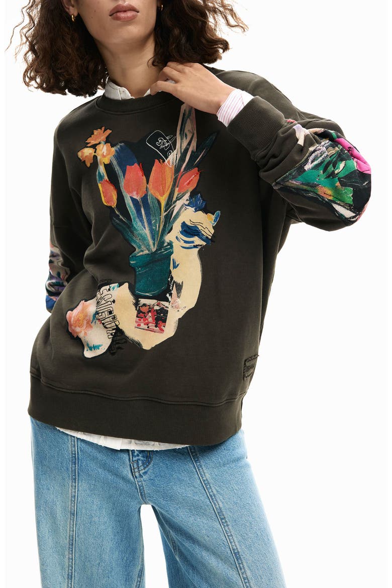 Abstract Floral Cotton Graphic Sweatshirt, Main, color, DARK GREY