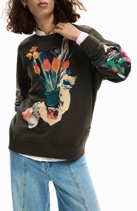 Abstract Floral Cotton Graphic Sweatshirt