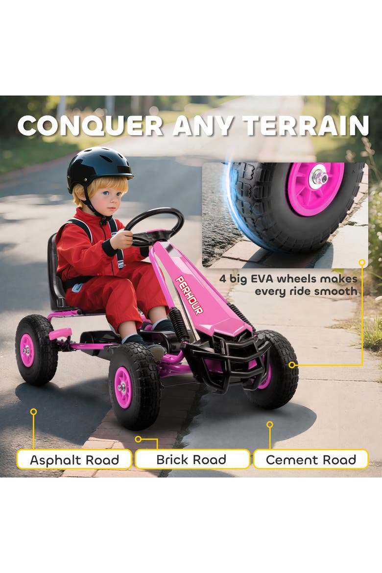 Kids 4-Wheel Pedal Go Kart, Adjustable Seat, EVA Wheels, Brake, Pink, Alternate, color, Pink
