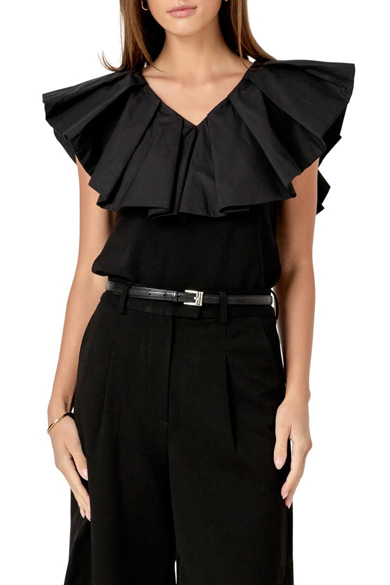 Mixed Media Ruffle Sleeveless Top, Main, color, BLACK
