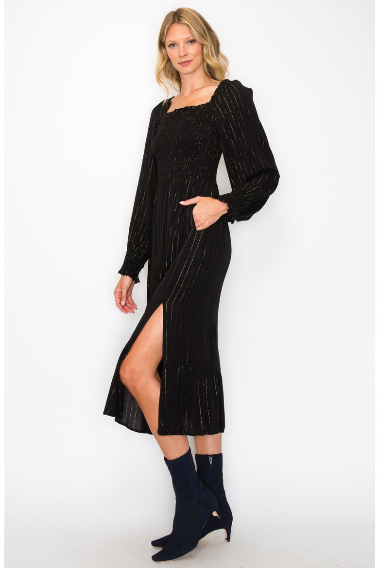 Metallic Stripe Smocked Long Sleeve Midi Dress, Alternate, color, BLACK/ GOLD