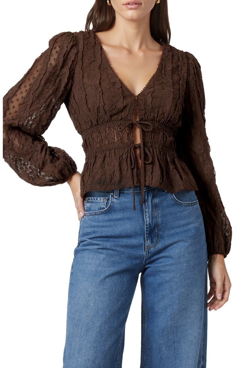 Ruched V-Neck Tie Front Top, Main, color, BROWN