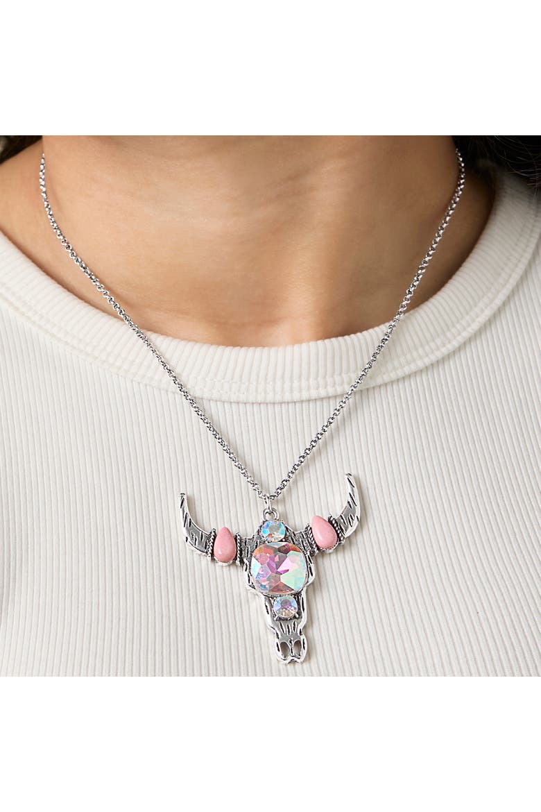 Bull Skull Pendant Necklace, Alternate, color, Silver/Coral