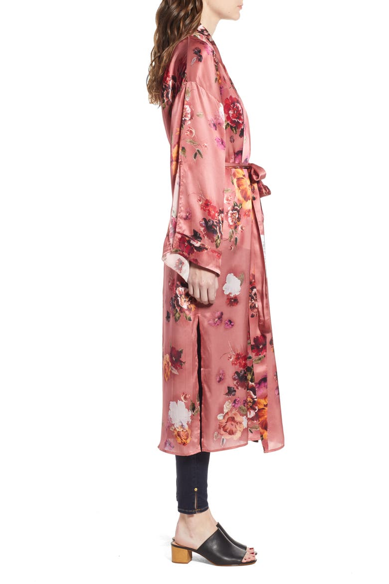 Print Long Silk Kimono, Alternate, color, PINK AUTUMN BOUQUET