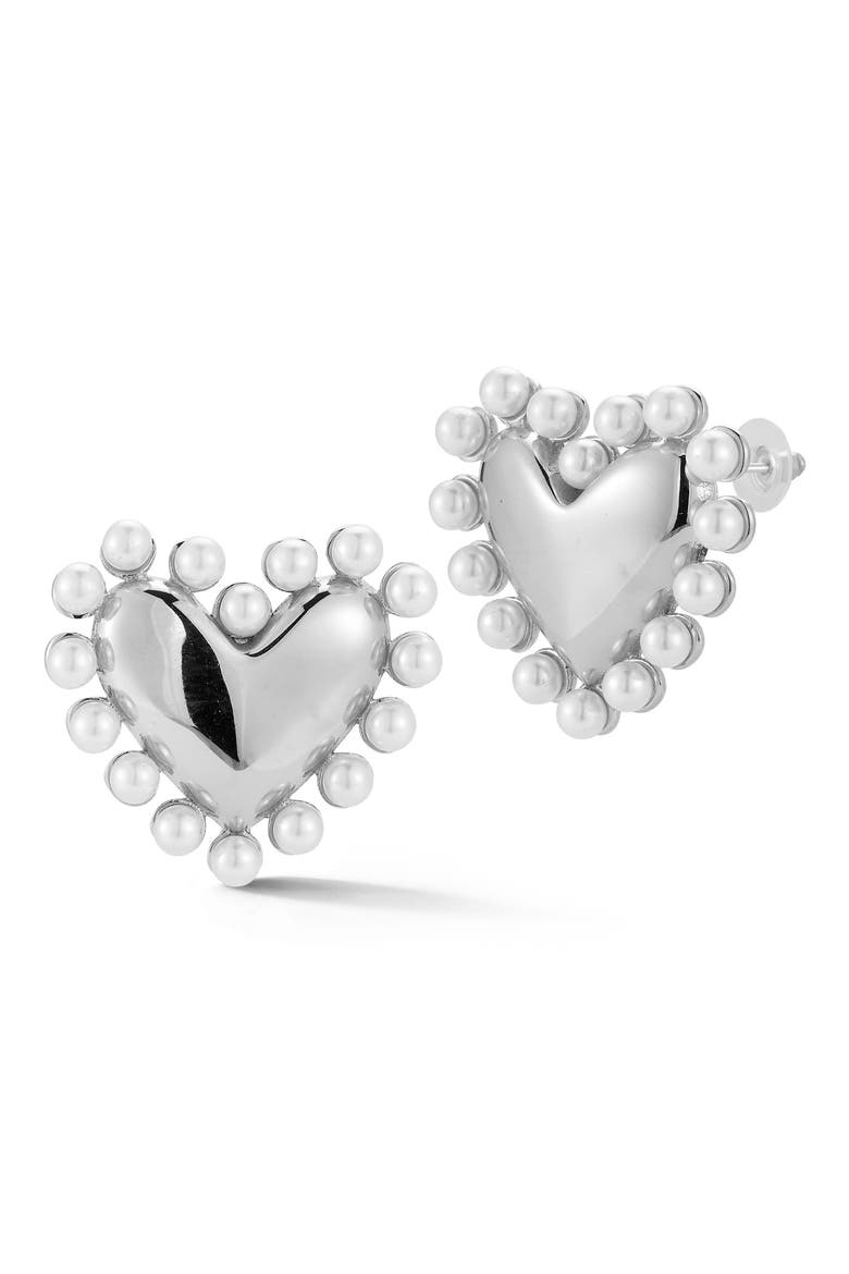 Faux Pearl Heart Stud Earrings, Main, color, SILVER