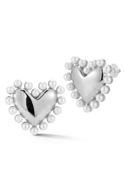 Faux Pearl Heart Stud Earrings