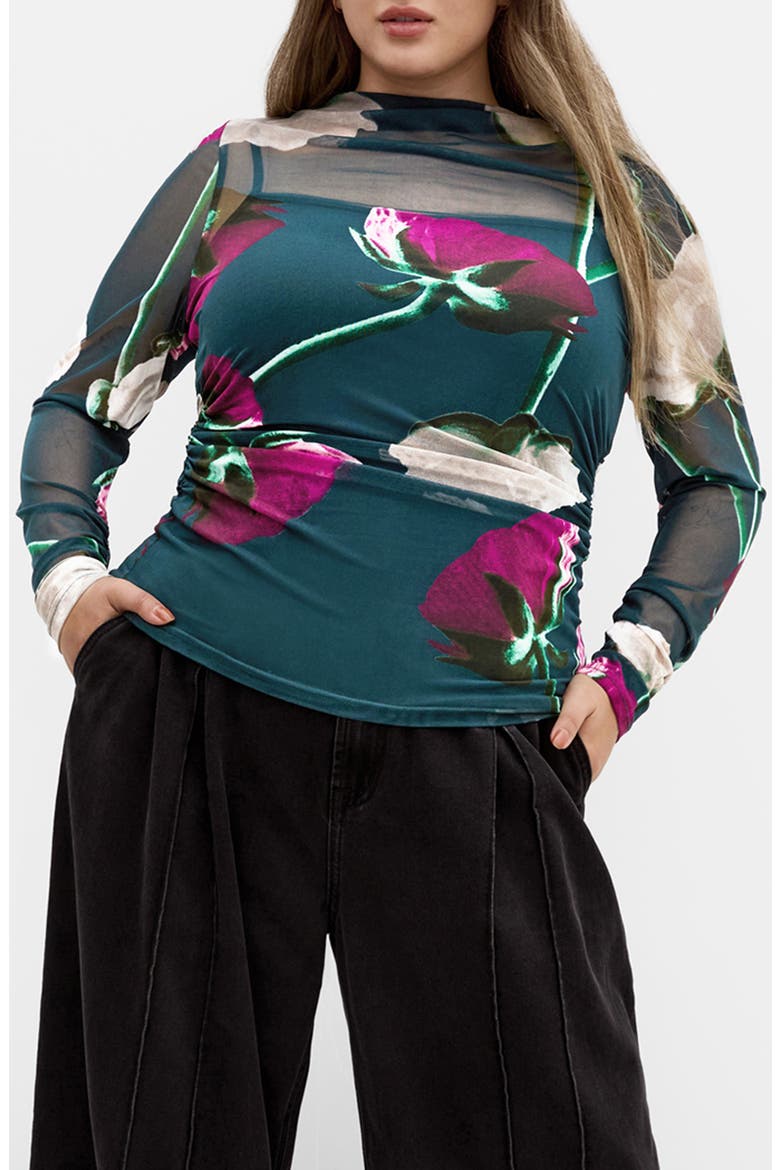 Lauryn Floral Sheer Mesh Top, Main, color, EMERALD STEM