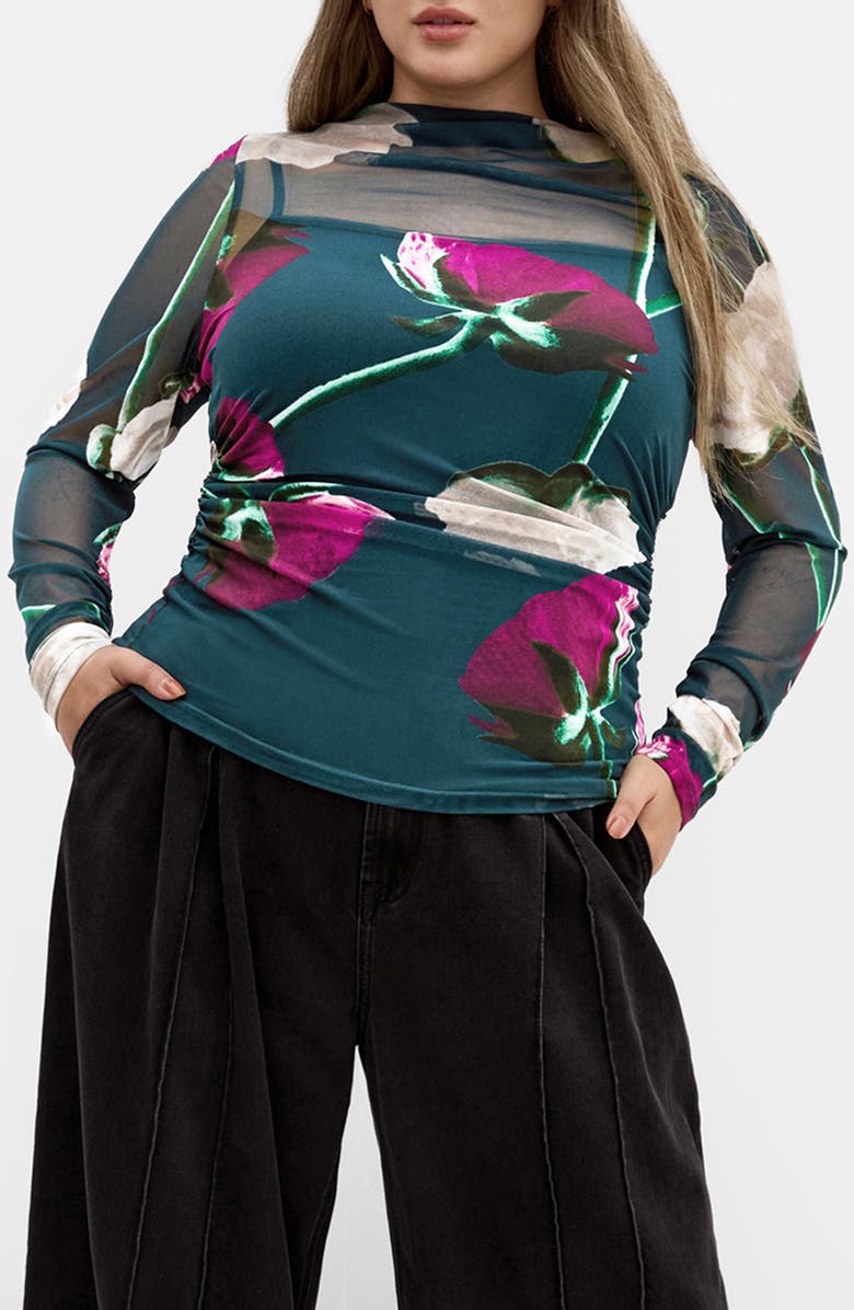 City Chic Lauryn Floral Sheer Mesh Top, Main, color, Emerald Stem