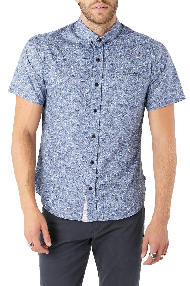 House of Love Slim Fit Floral Short Sleeve Button-Down Shirt, Main, color, BLUE