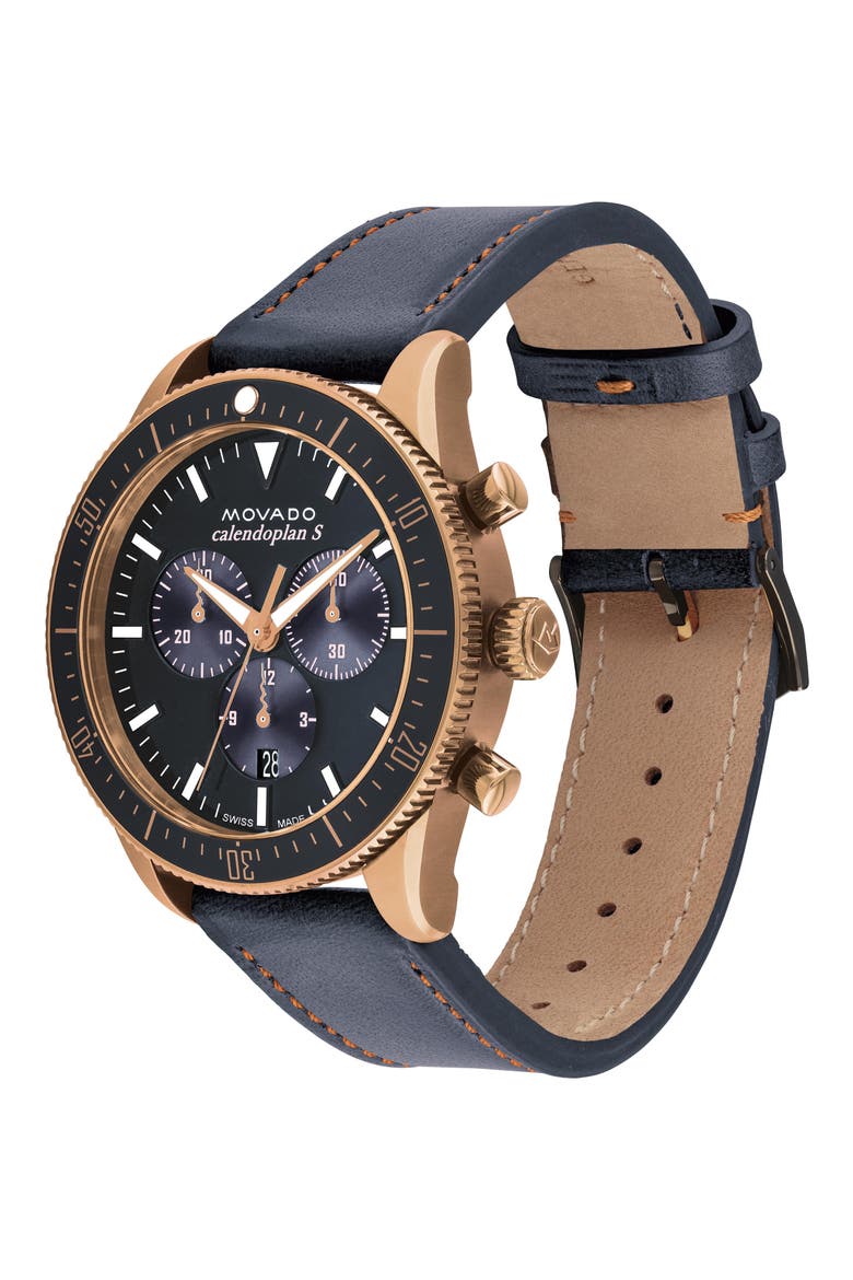 Heritage Calendoplan Chronograph Leather Strap Watch, 42mm, Alternate, color, GRAY