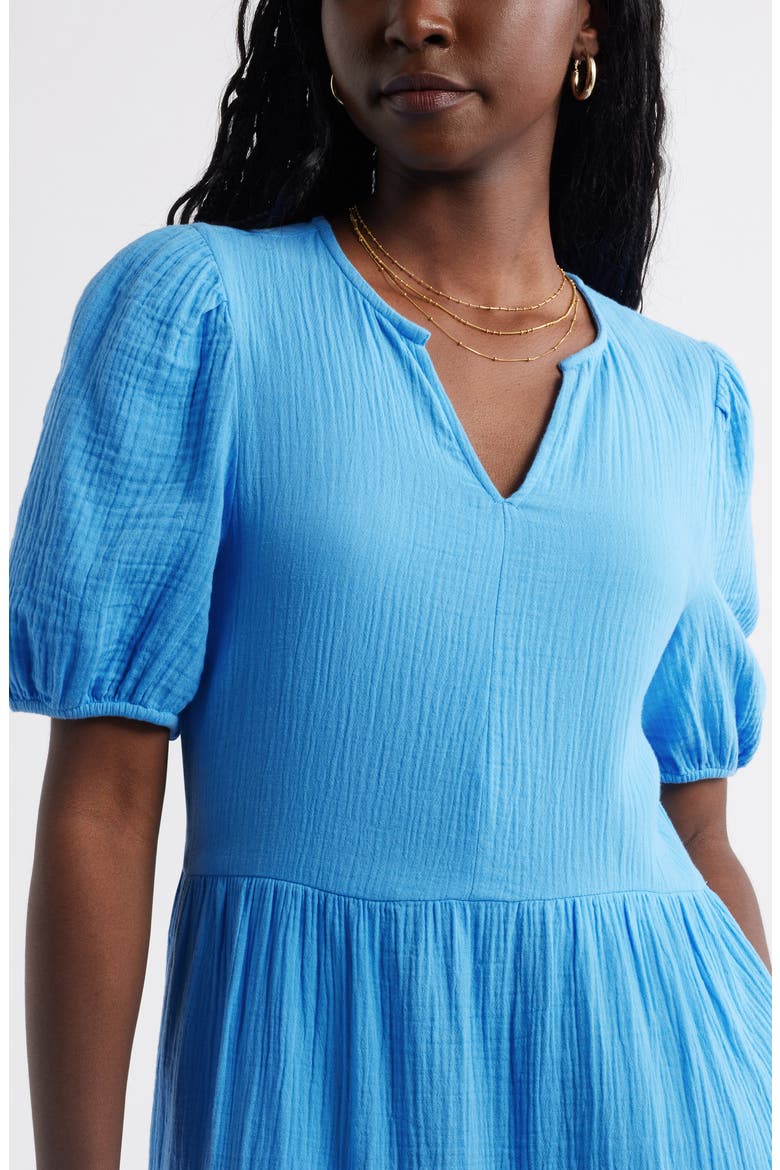 Puff Sleeve Tiered Cotton Gauze Midi Dress, Alternate, color, BLUE MAYA