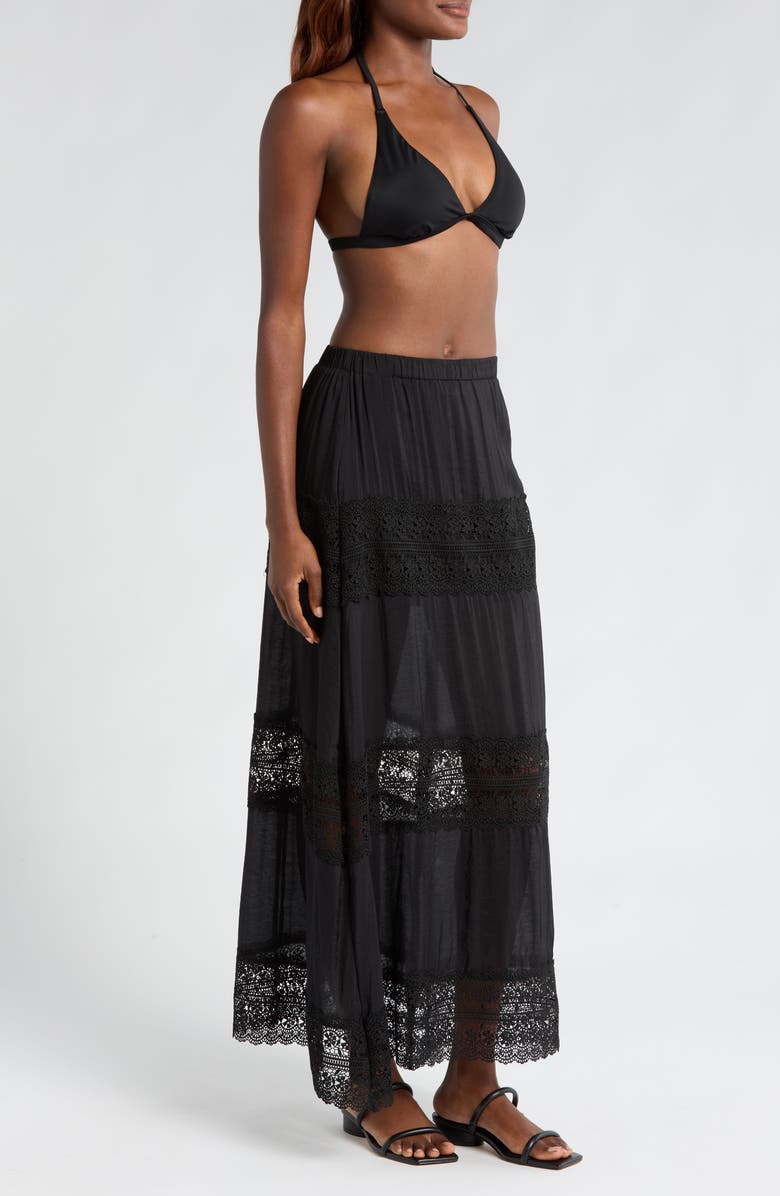 Elan Lace Trim Cotton Tiered Cover-Up Skirt, Alternate, color, Black