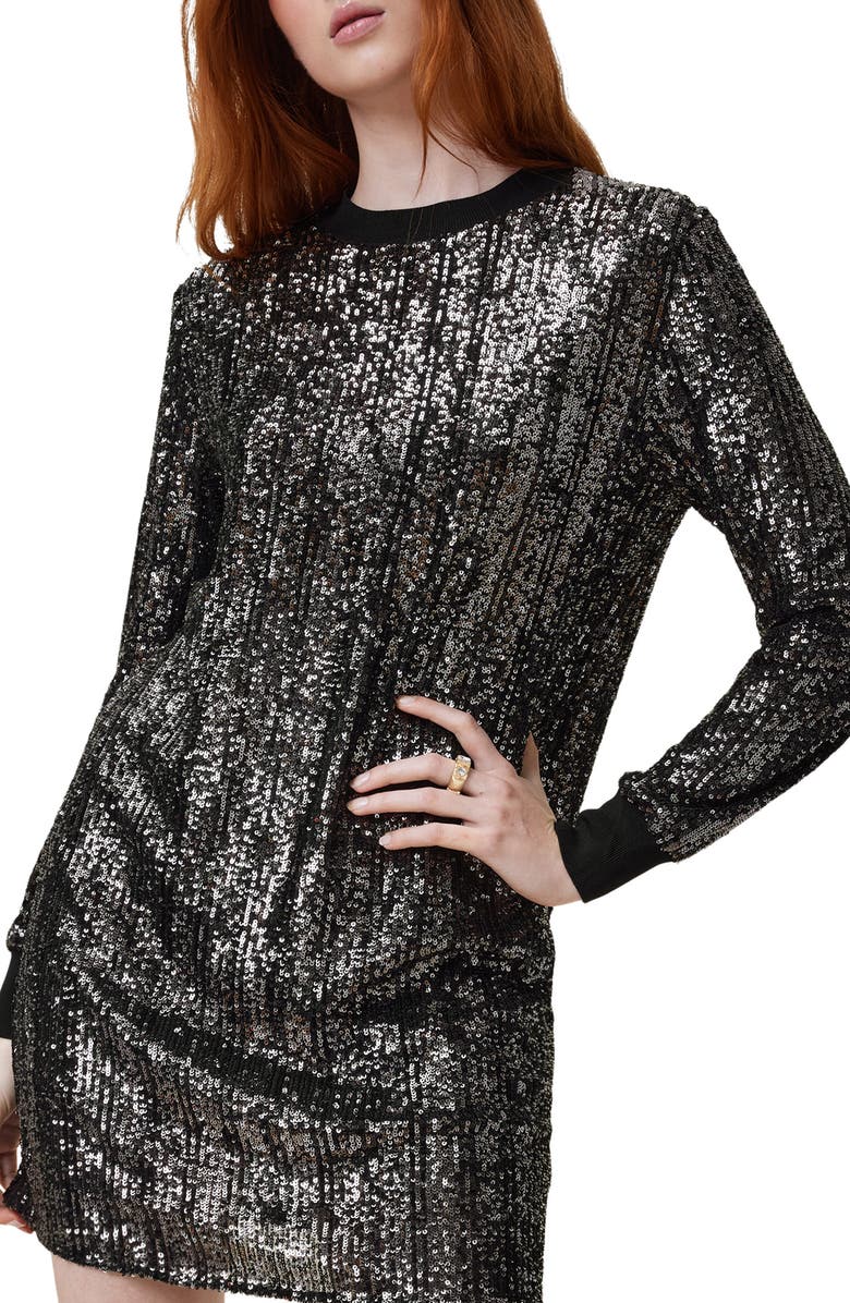 AllSaints Solstice Sequin Long Sleeve Dress, Alternate, color, Black