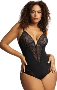 Popilush Plus Size Shapewear Lace Deep V-Neck Sculpting Thong Bodysuit