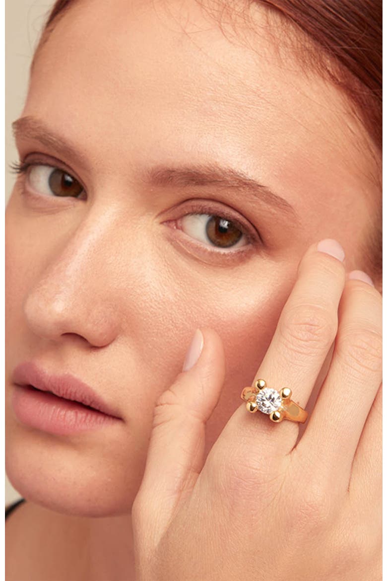 18K Gold-Plated Ring With White Cubic Zirconia, Alternate, color, Metallic Gold