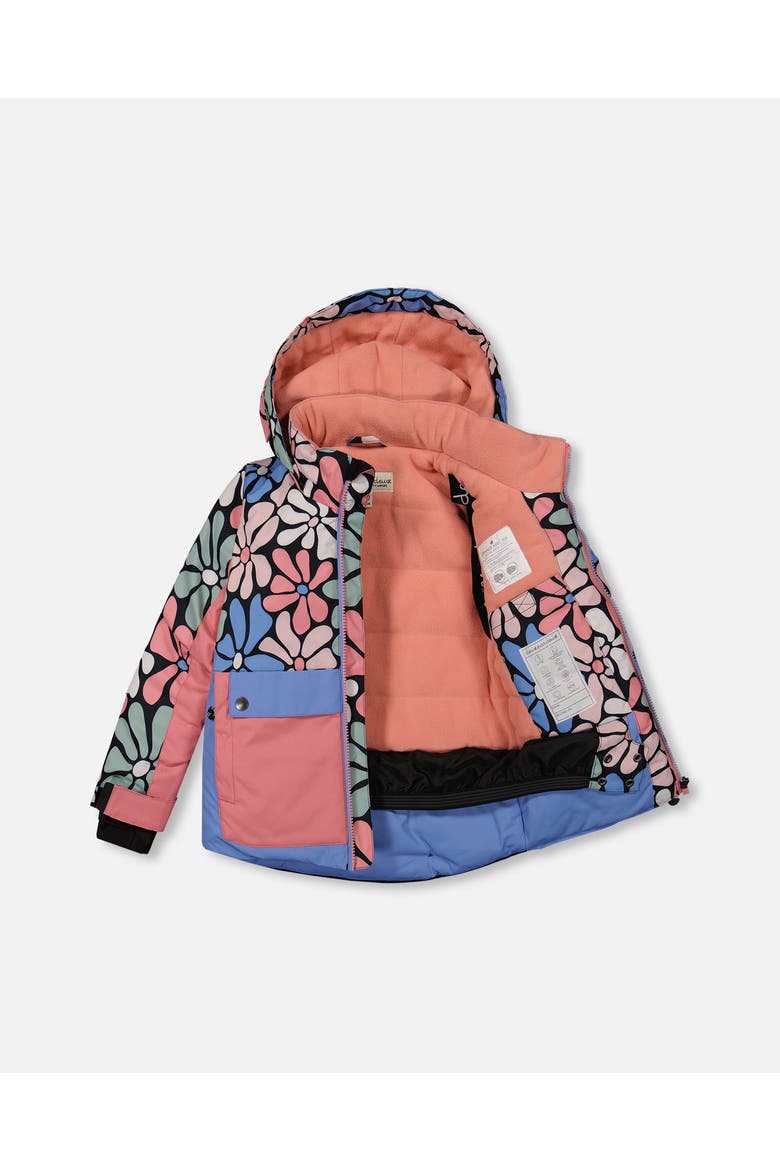 Little Girl's Two Piece Snowsuit Printed Retro Flowers With Black, Alternate, color, Anthracite