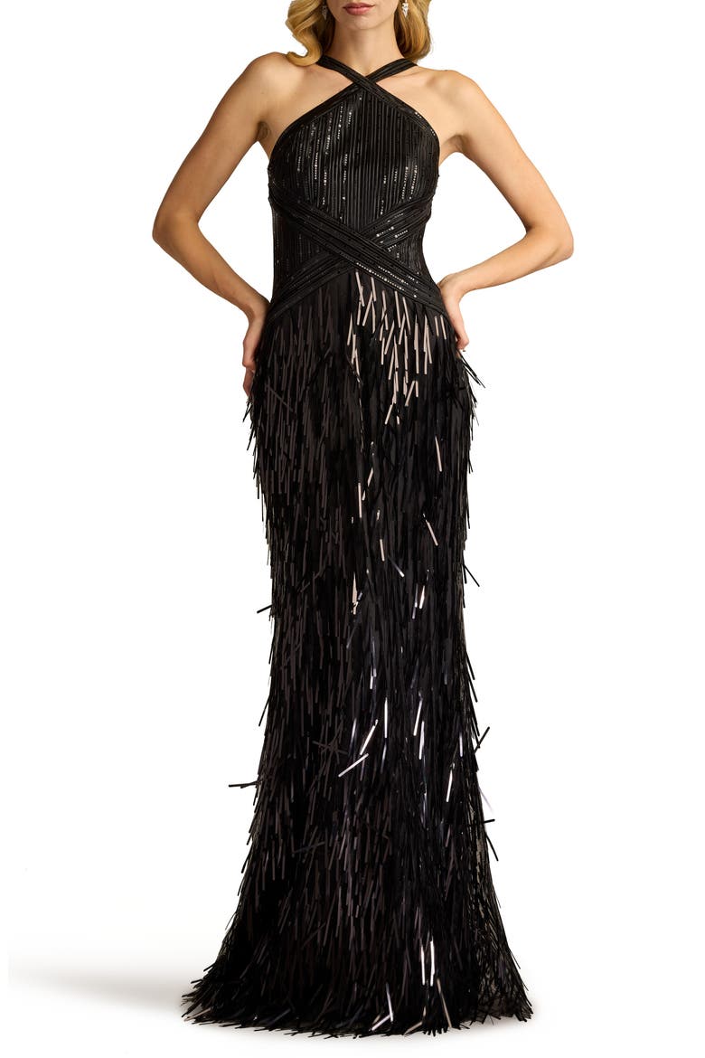 Sequin & Tassel Detail Gown, Alternate, color, BLACK