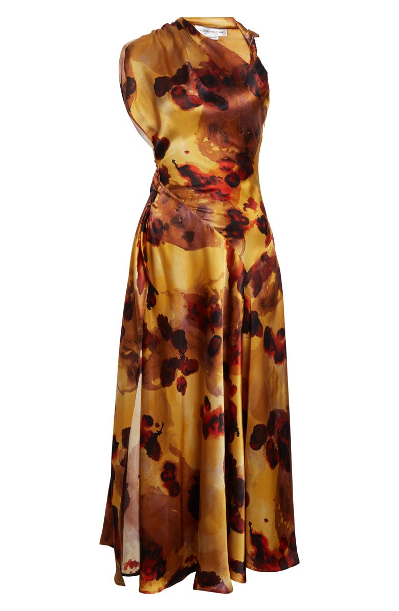 Victoria Beckham Abstract Floral Asymmetric Silk Midi Dress, Alternate, color, Amber