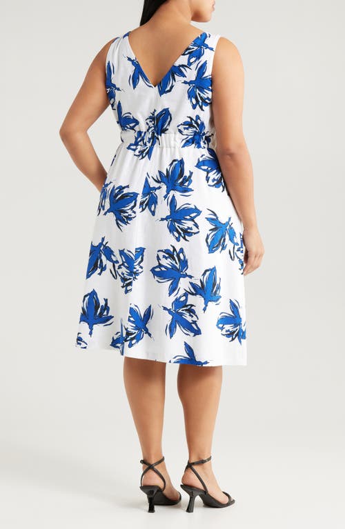 Anne Klein Plus Size Floral-print Linen-blend Fit & Flare Dress In Santorini Blue Multi