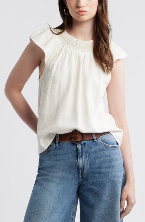 Smocked Neck Linen Blend Top
