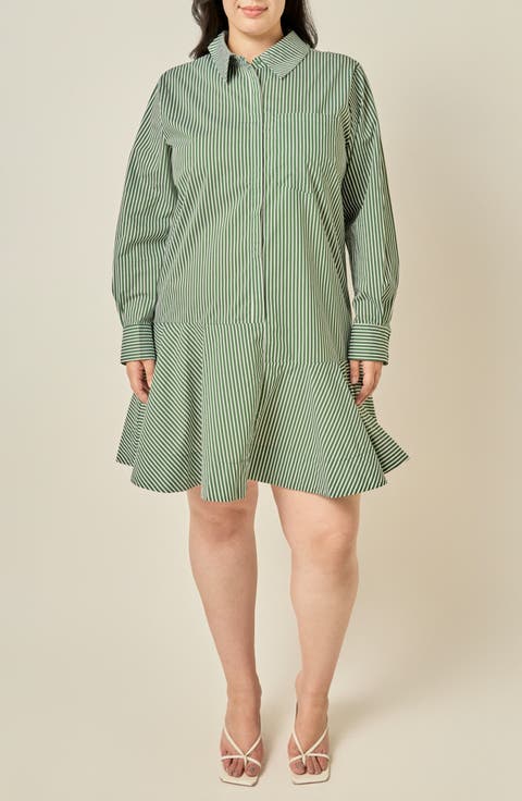 Striped Long Sleeve Flared Skirt Shirtdress