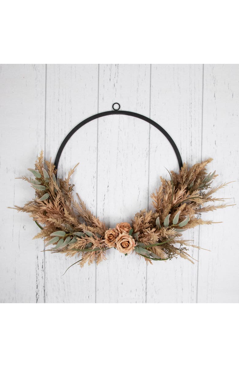 Northlight Fall Harvest Pale Rose and Thistle with Foliage Artificial Wreath, 24-Inch, Unlit, Alternate, color, 