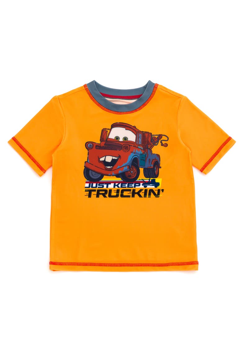 Cars UPF 50+ Rash Guard and Swim Trunks Set, Alternate, color, Orange Navy Tow Mater