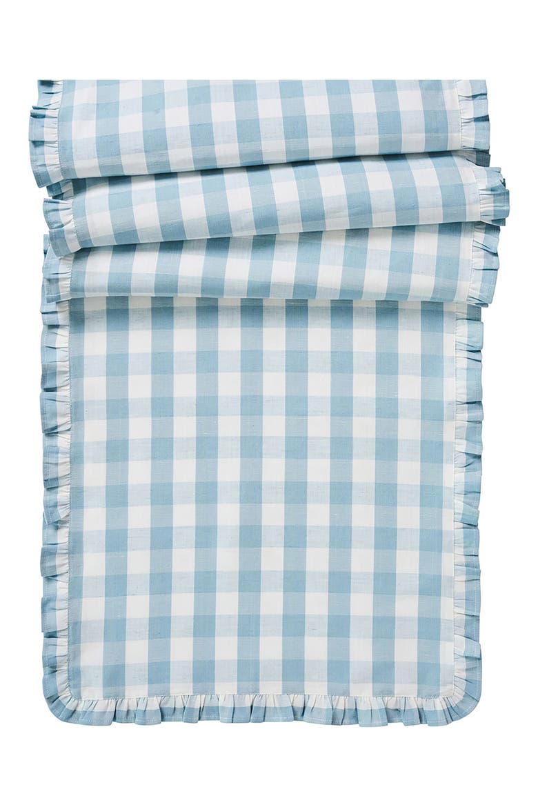 Gingham Ruffle Cotton & Linen Table Runner, Main, color, OCEAN