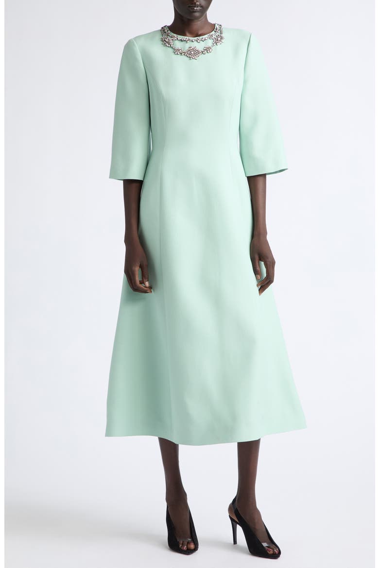 Rhinestone Embellished Wool & Silk Crepe Couture Cocktail Dress, Main, color, GREEN
