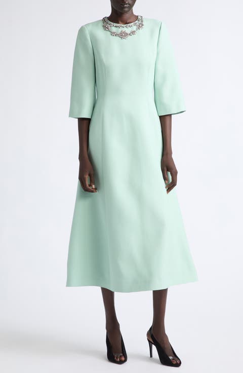 Rhinestone Embellished Wool & Silk Crepe Couture Cocktail Dress