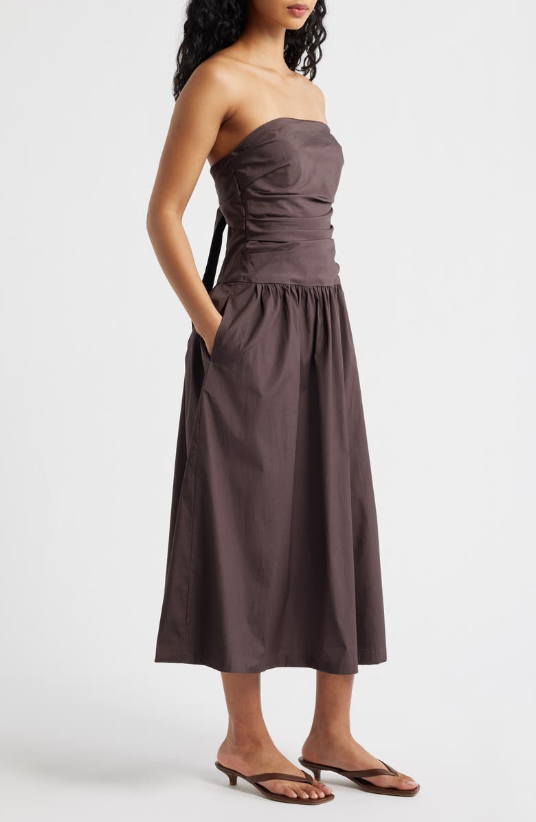 Madewell Strapless Ruched Poplin Midi Dress, Alternate, color, Chocolate Plum