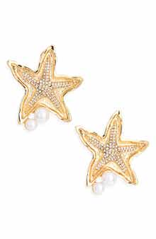 Faux Pearl Starfish Stud Earrings