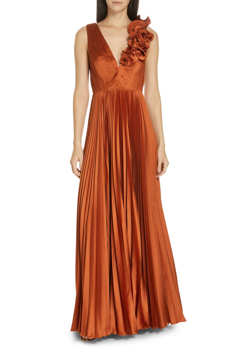 Aviva Pleated Satin Maxi Dress, Main, color, COPPER