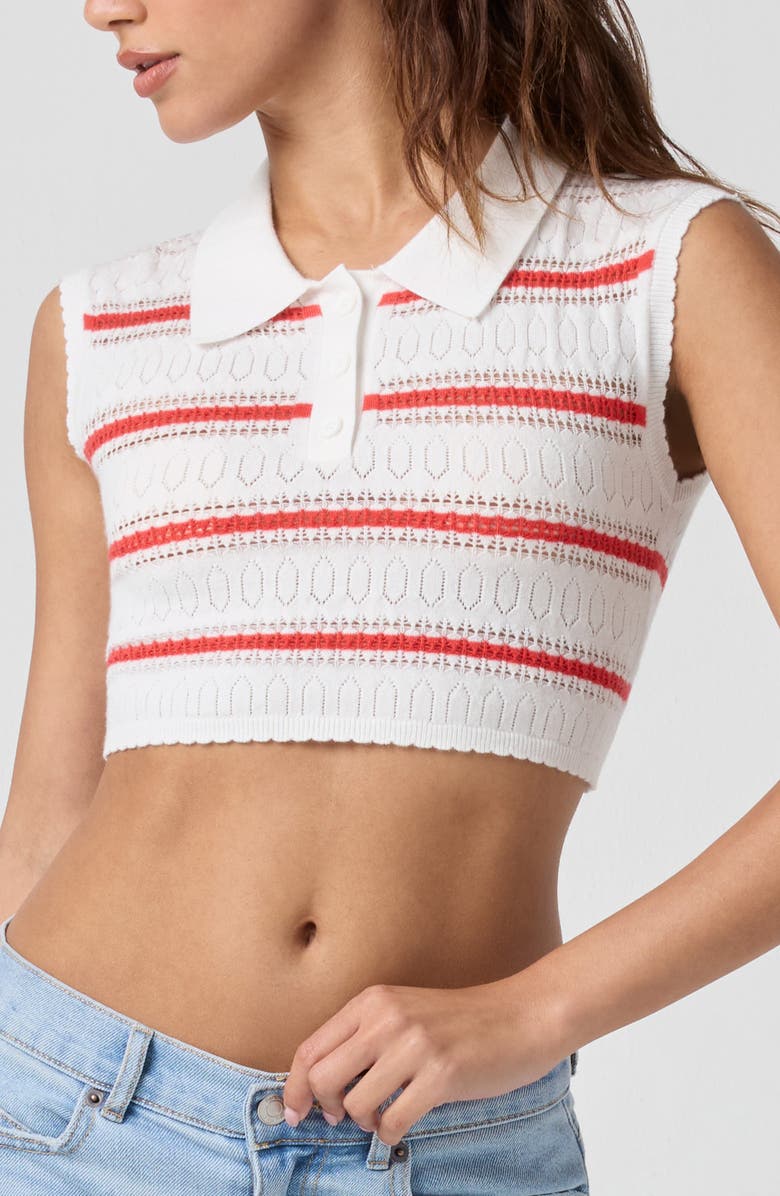 Florence by Mills Stripe Pointelle Crop Polo, Alternate, color, Bright White/ Poppy Red