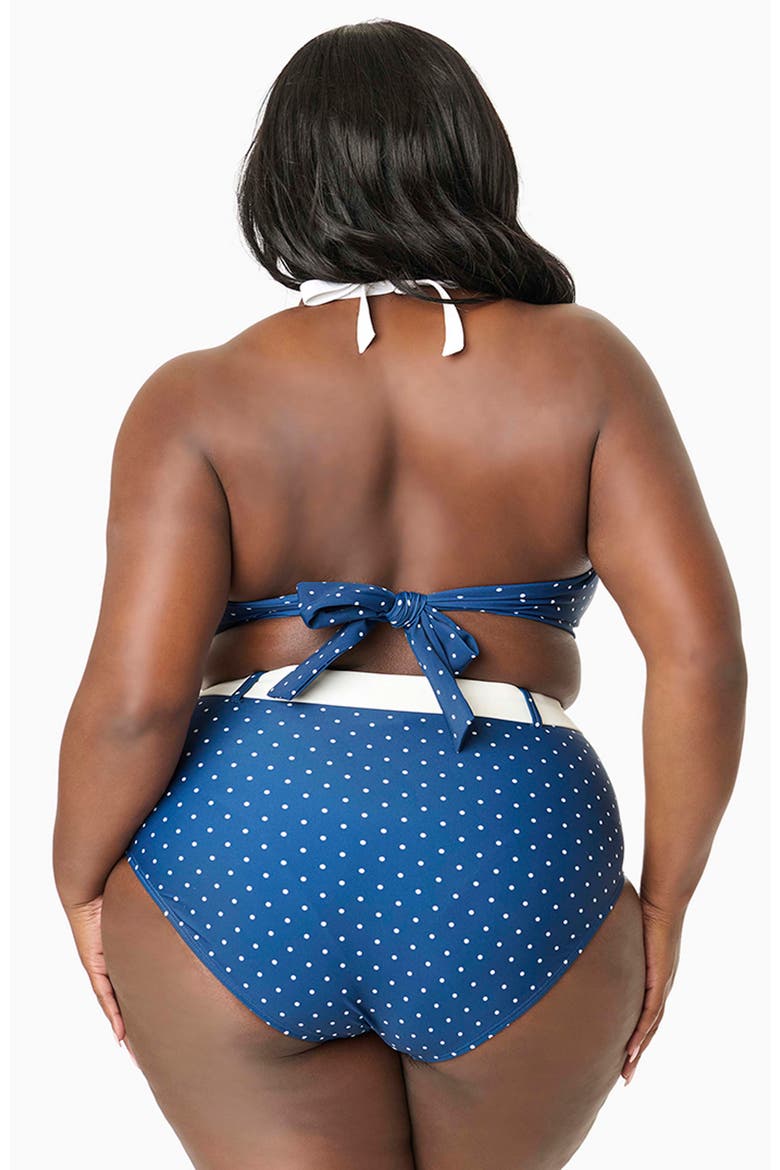 Plus Size High Waisted Belted Redondo Swim Bottoms, Alternate, color, Navy & White Pin Dot