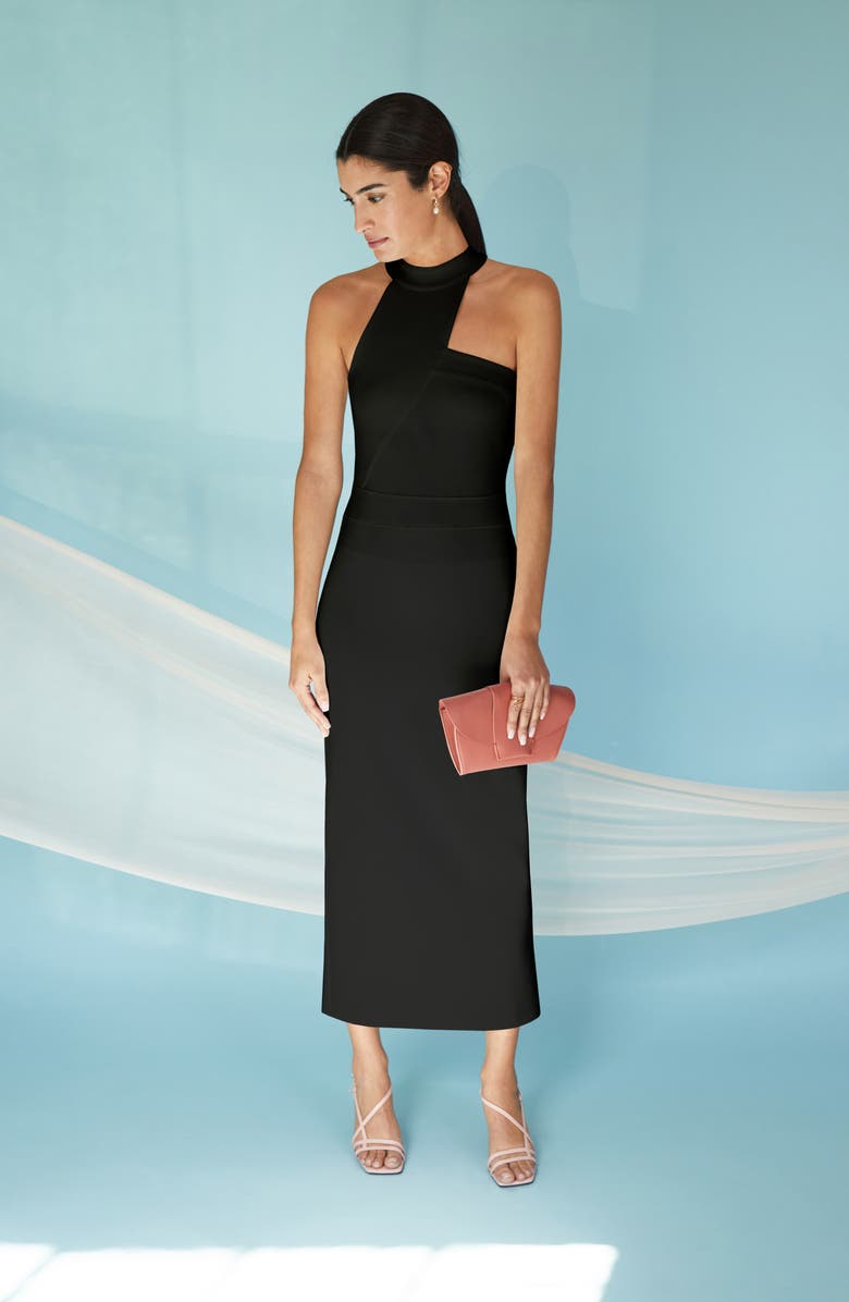 Marcella Sonata Ponte Knit Midi Cocktail Dress, Alternate, color, Black