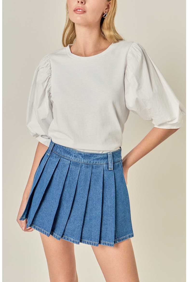 Pleated Denim Miniskort, Alternate, color, DENIM