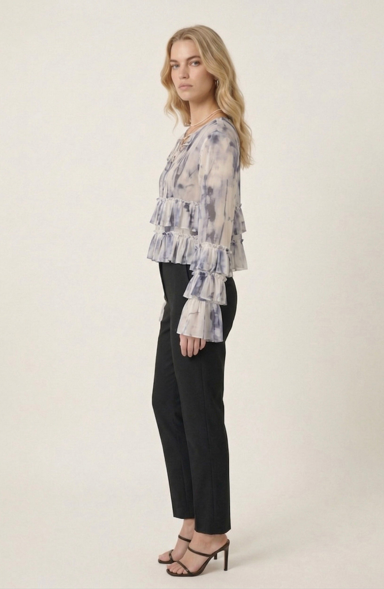 Modenaire Ruffle Blouse with Tie Neck Detail, Alternate, color, Cream / Charcoal
