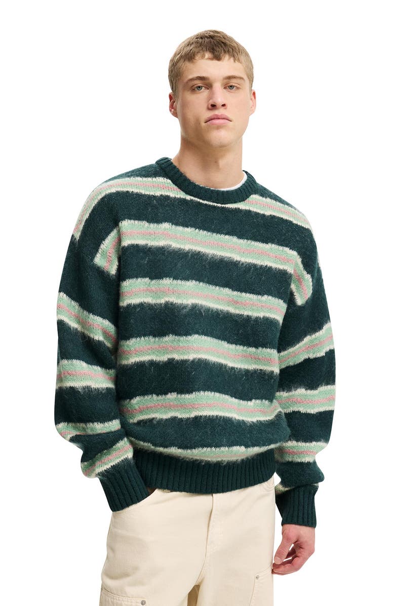 Cotton On Men's Box Fit Fuzzy Crew Knit, Main, color, Green Stripe