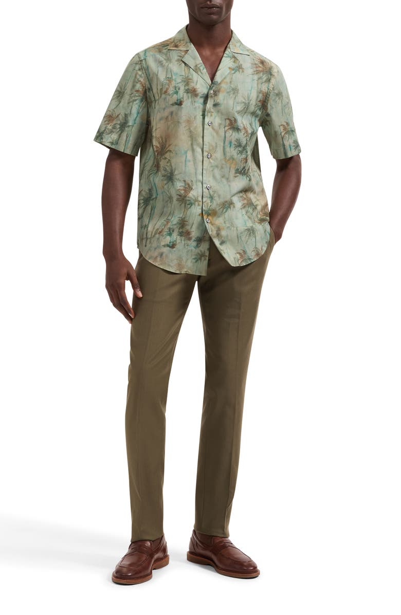 Bugatchi Jackson Palm Tree Print Cotton Camp Shirt, Alternate, color, Khaki