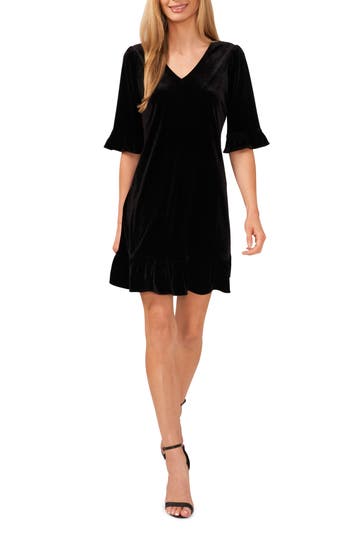 Cece V Neck Elbow Sleeve Velvet Minidress In Black