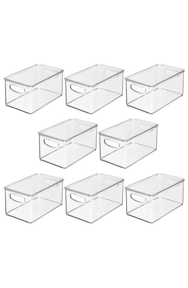 mDesign Deep Plastic Bathroom Storage Box, Lid/Built-In Handles, 8 Pack, Clear, Main, color, Clear